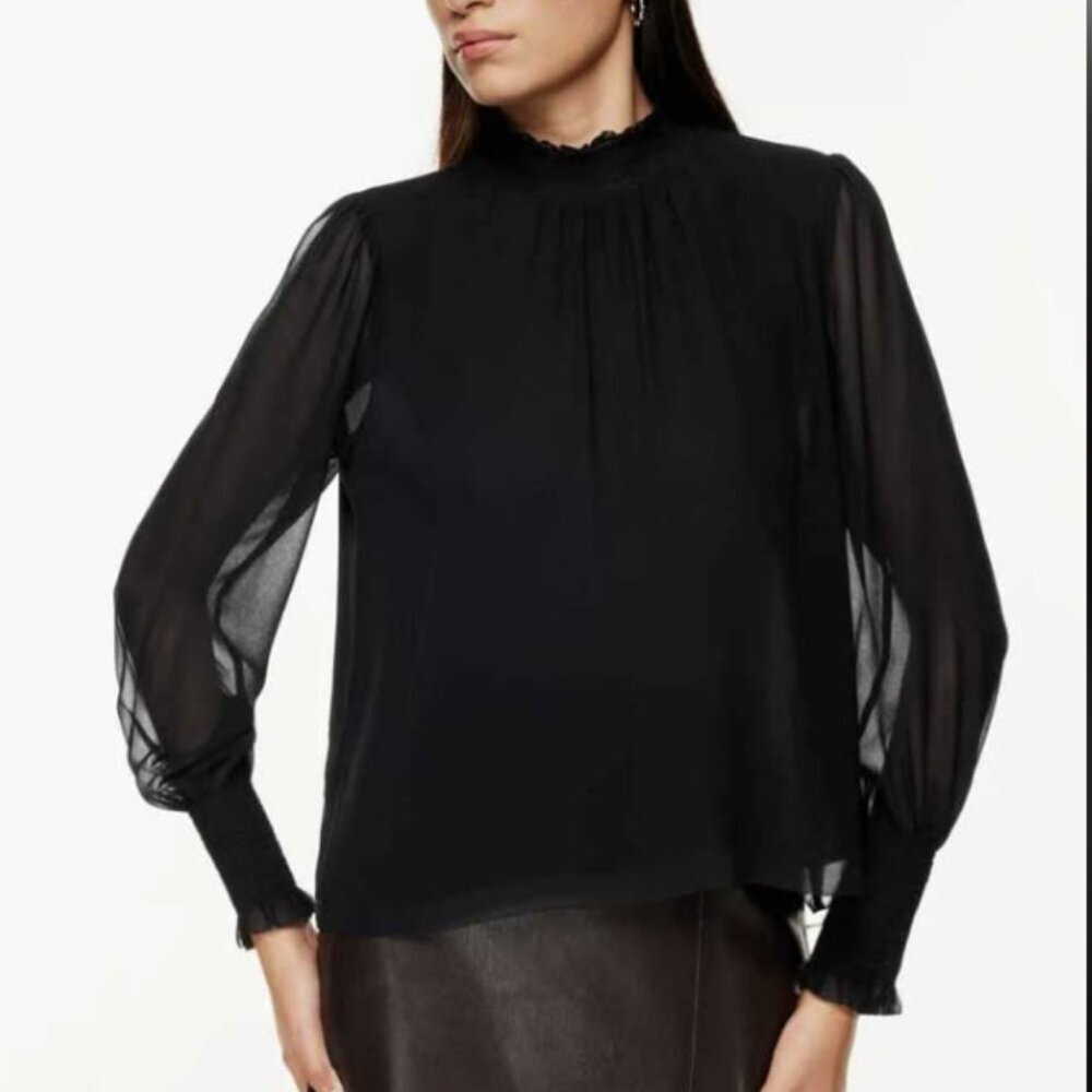 WILFRED Large Black Smocked Neck Valencia Fete Chiffon Blouse Feminine Elegant